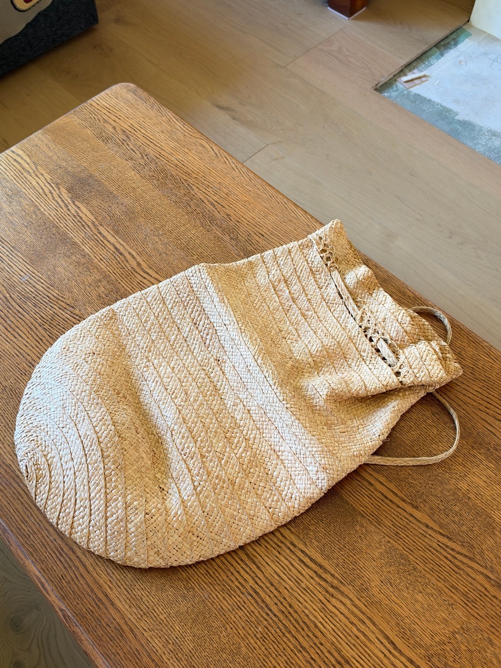 Vintage J.Crew Natural Woven Raffia Straw Drawstring Backpack Bag